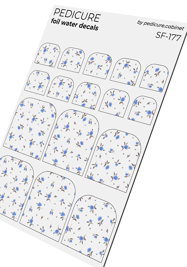 Pedicure Small Flowers. Blue. Foil silver. Nail water decals SF-177