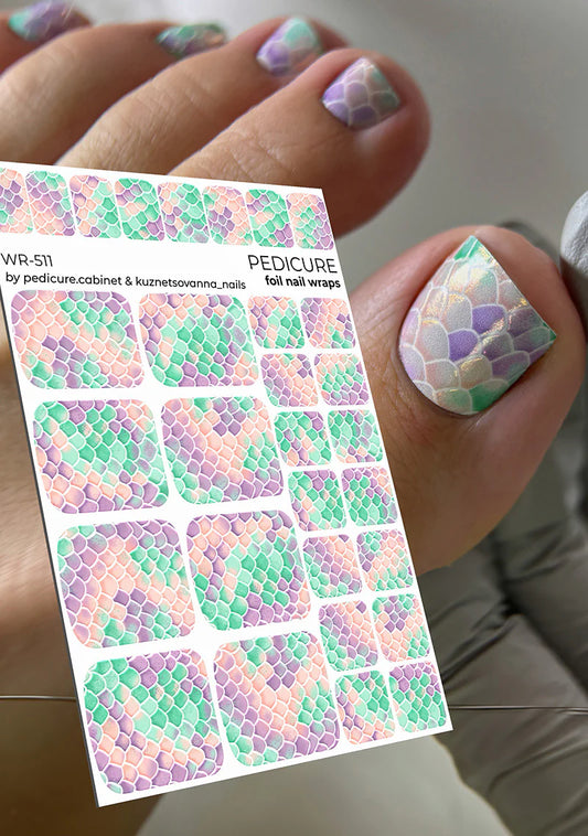 Pedicure Mermaid. Lilac and Green. Colored Foil. Nail wraps WR-511