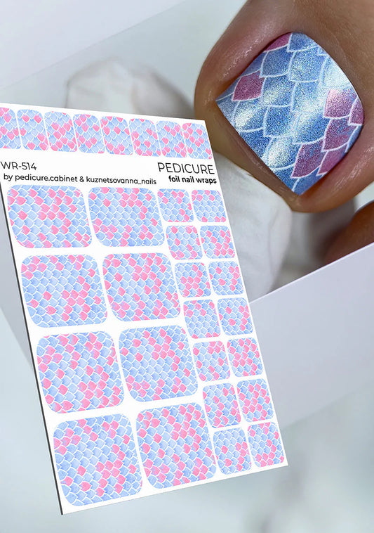 Pedicure Mermaid. Blue and Pink. Colored Foil. Nail wraps WR-514