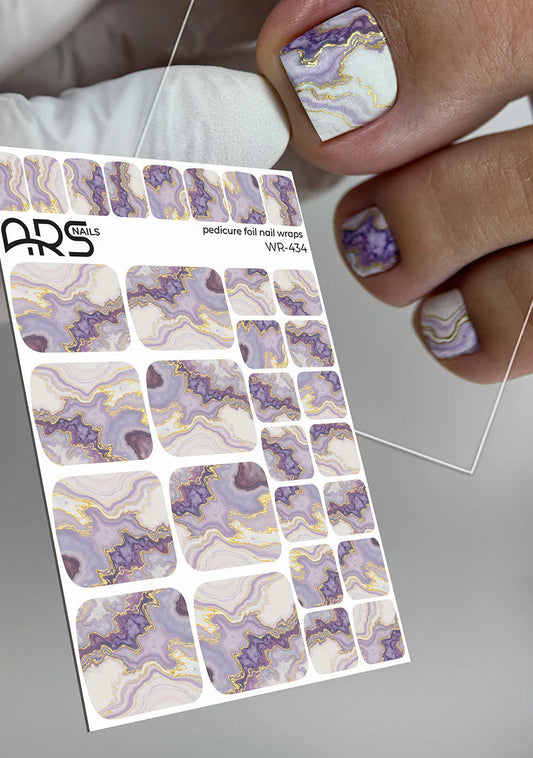 Pedicure Marble with purple. Gold Foil. Nail wraps WR-434