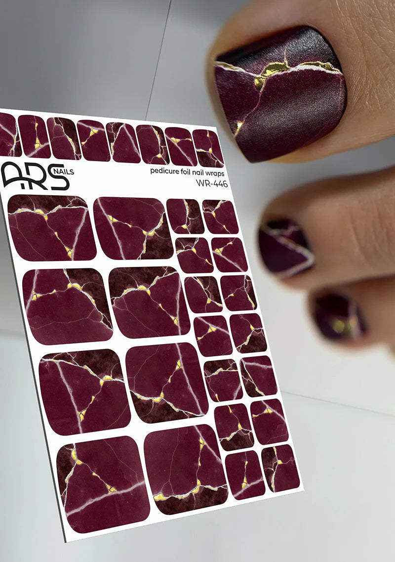 Pedicure Burgundy with white stripe. Gold Foil. Nail wraps WR-446