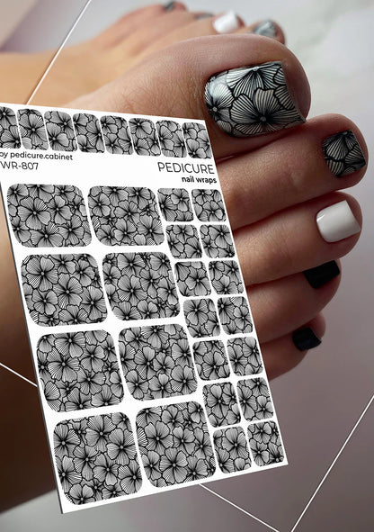 Pedicure Flowers. Black and white. Nail wrap WR-807