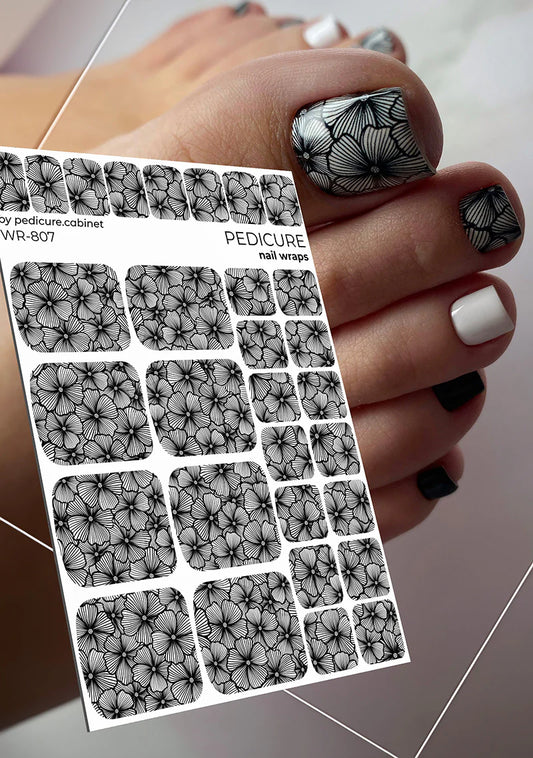 Pedicure Flowers. Black and white. Nail wrap WR-807