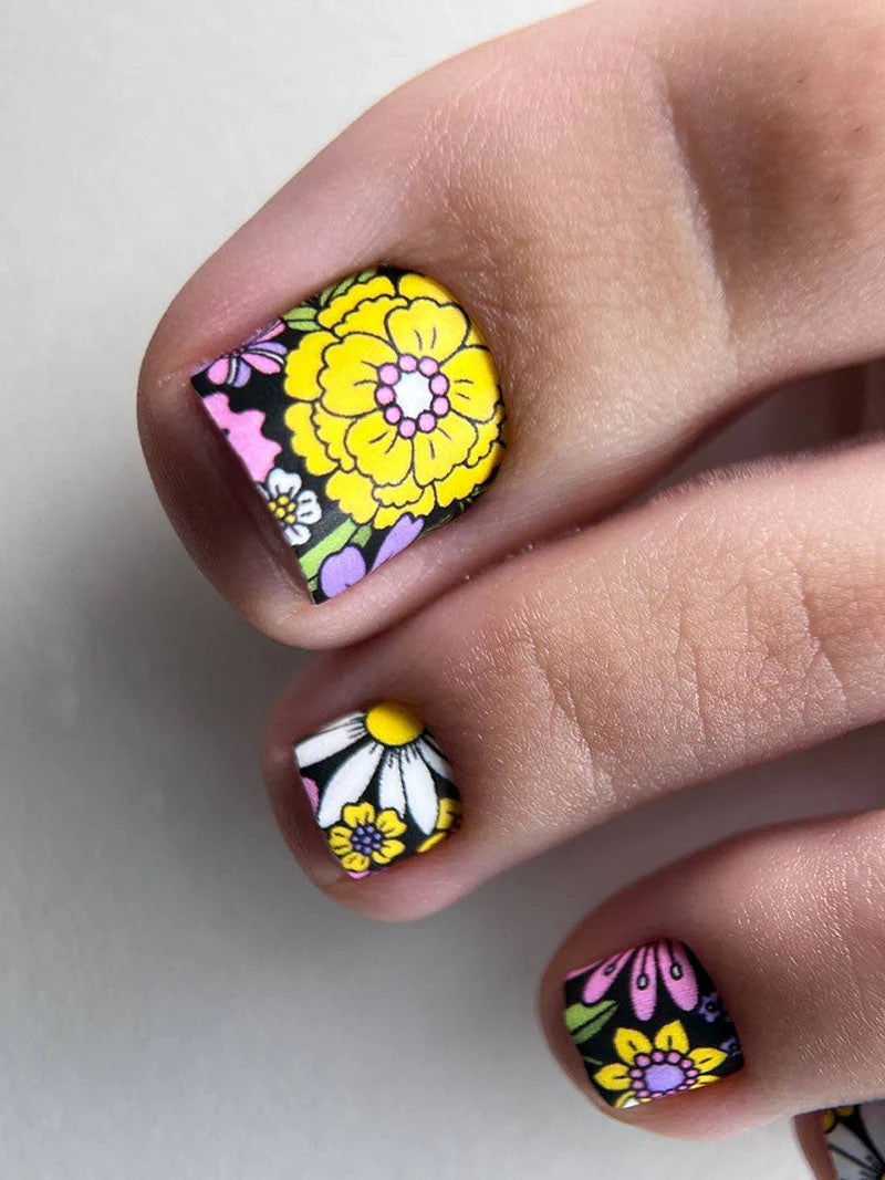 Pedicure Flowers on a black background. Nail wrap WR-756