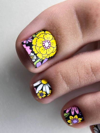 Pedicure Flowers on a black background. Nail wrap WR-756