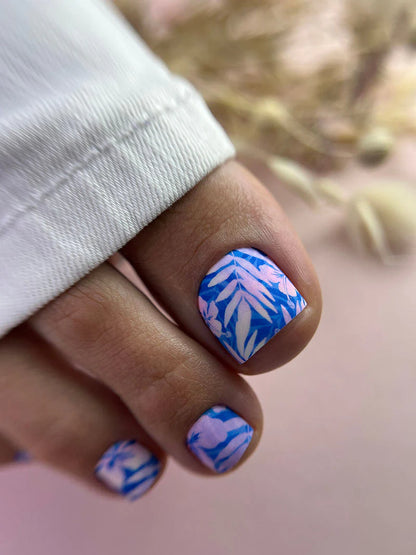 Pedicure Flowers blue background with shadow. Nail wrap WR-771