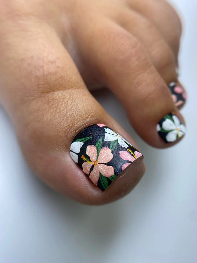 Pedicure Flowers Black Background. Nail wrap WR-760