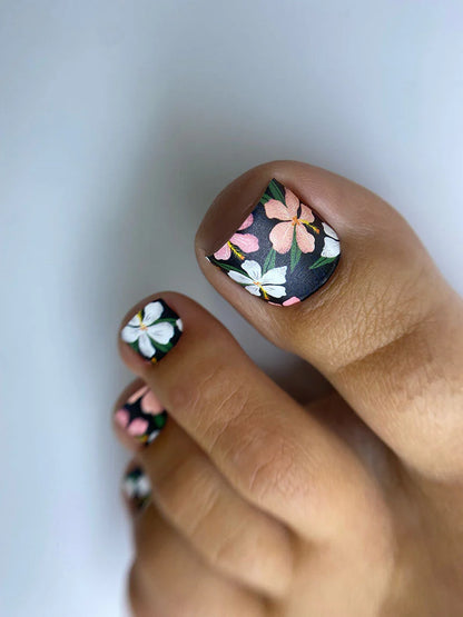 Pedicure Flowers Black Background. Nail wrap WR-760