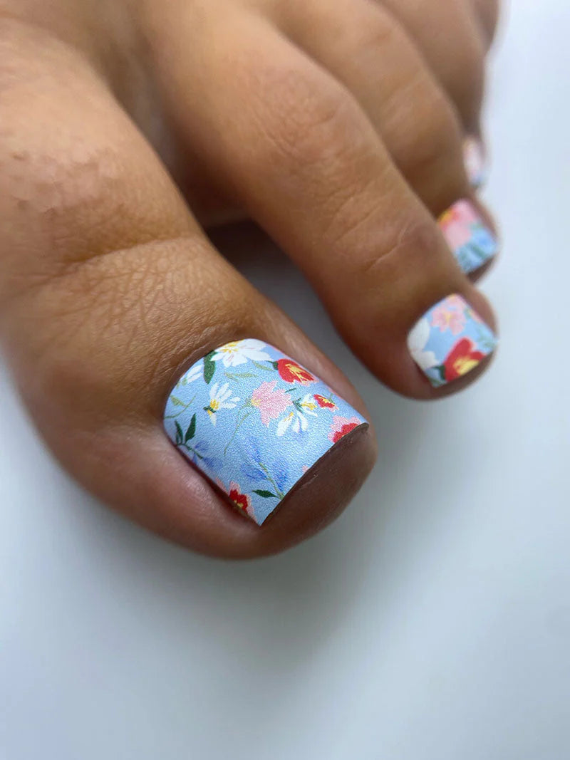 Pedicure Small Flowers. Blue Background. Nail wrap WR-717