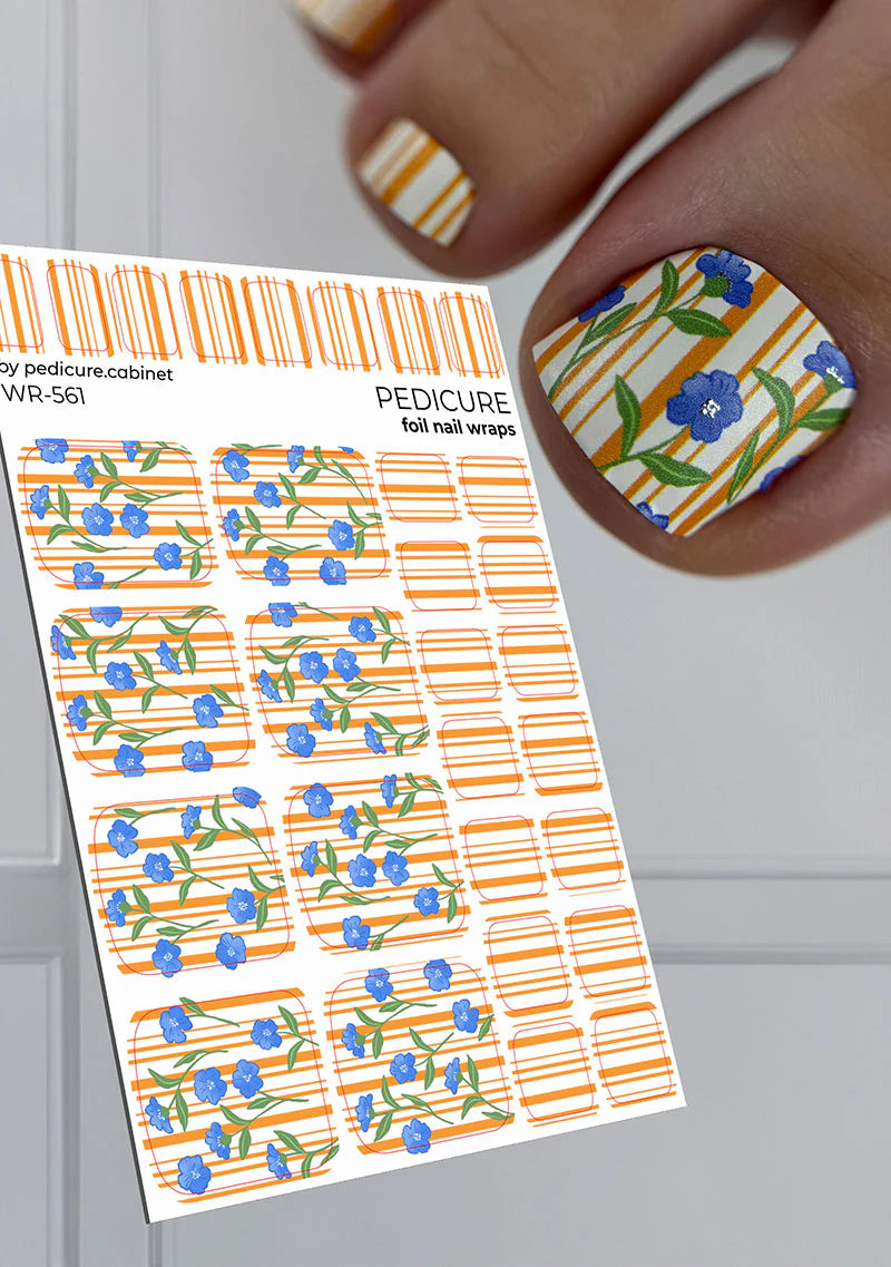 Pedicure Flowers and Stripes. Silver Foil. Nail wraps WR-561