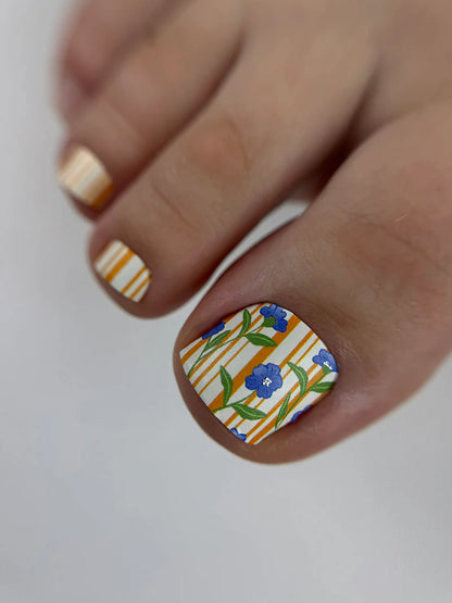 Pedicure Flowers and Stripes. Silver Foil. Nail wraps WR-561