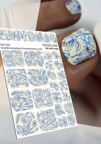 Pedicure Blue Flowers. Gold Foil. Nail wraps WR-567