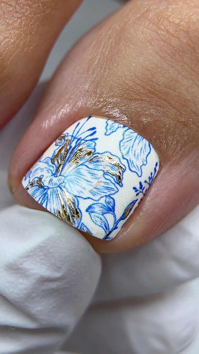 Pedicure Blue Flowers. Gold Foil. Nail wraps WR-567