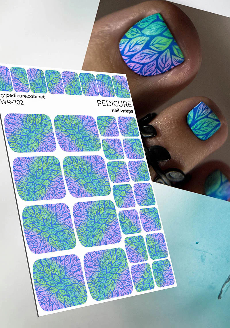 Pedicure Gradient Leaves. Blue Background. Nail wrap WR-702