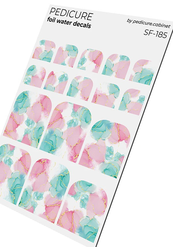 Pedicure Marble. Pink and green. Foil gold. Nail water decals SF-185