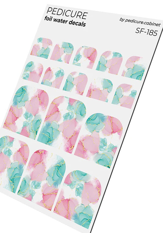 Pedicure Marble. Pink and green. Foil gold. Nail water decals SF-185